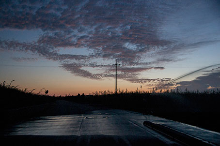 サトウキビ畑を通る夕暮れの道