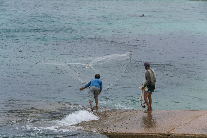 １０月１１日のスナップ。イワシの群れに網を投げる池間島の漁師